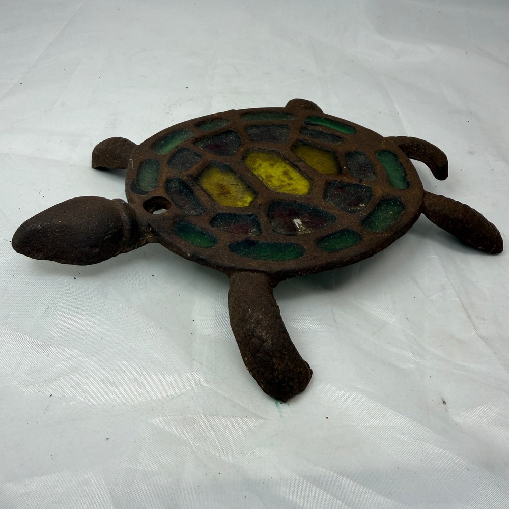 Vintage Cast Iron Turtle Trivet Stained Glass Shell Wall Decor Brown Green 8.5in